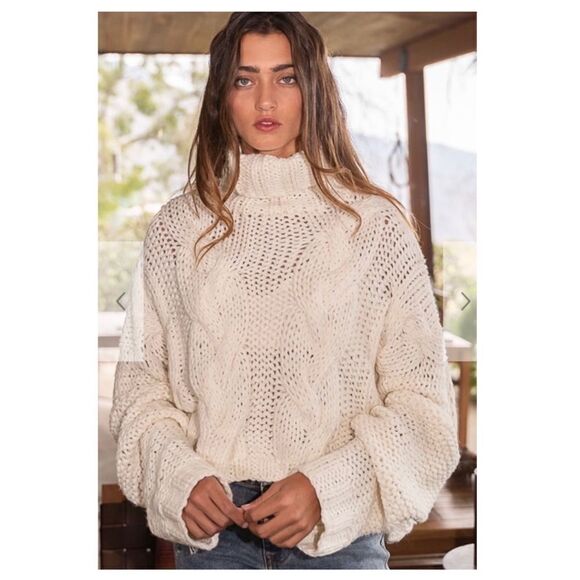 𝅺cream  Turtle Neck Cable Knit Sweater - Picture 1 of 16